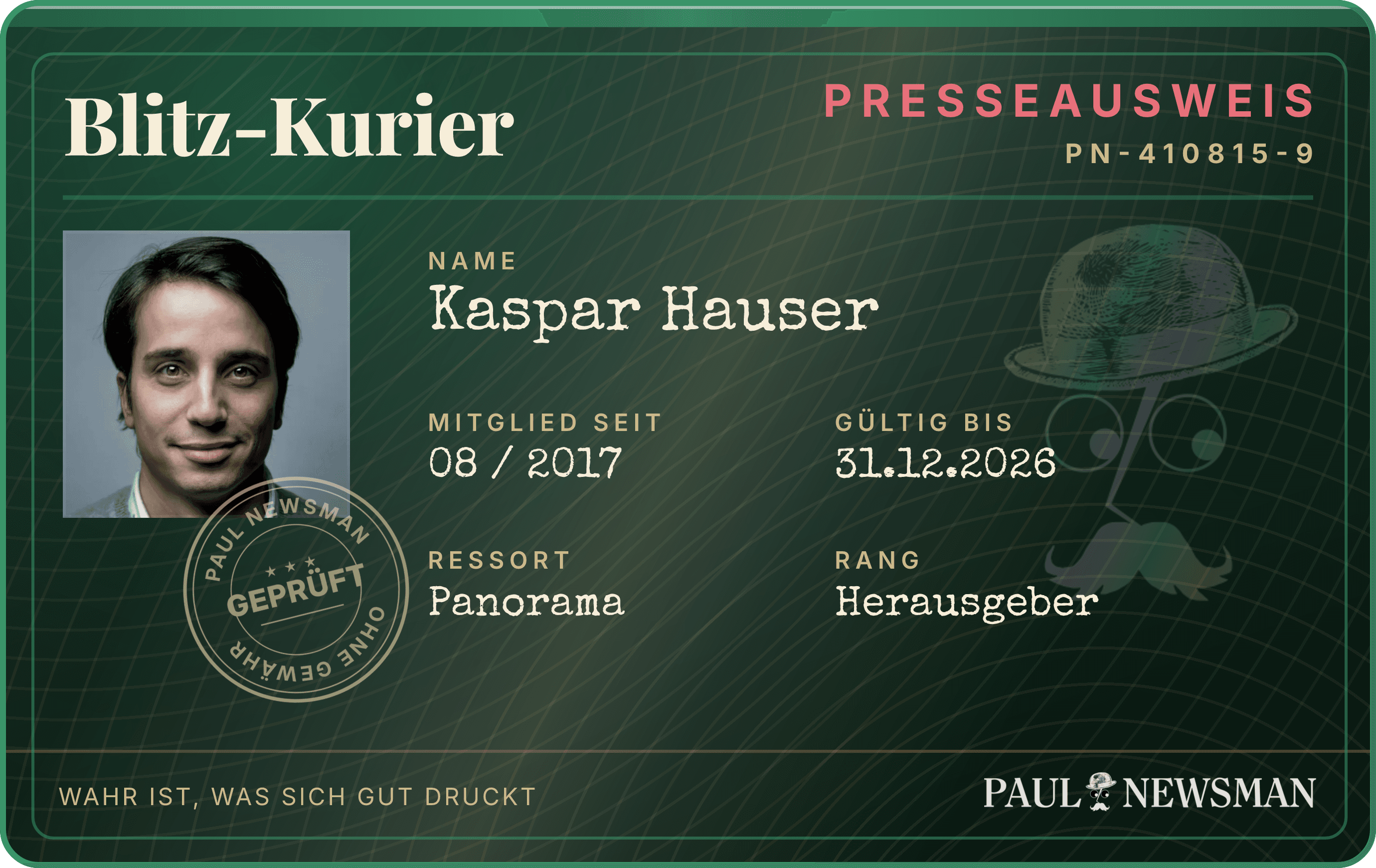 Presseausweis im Premium-Look (Smaragd) mit Foto, Rang und Prüfsiegel