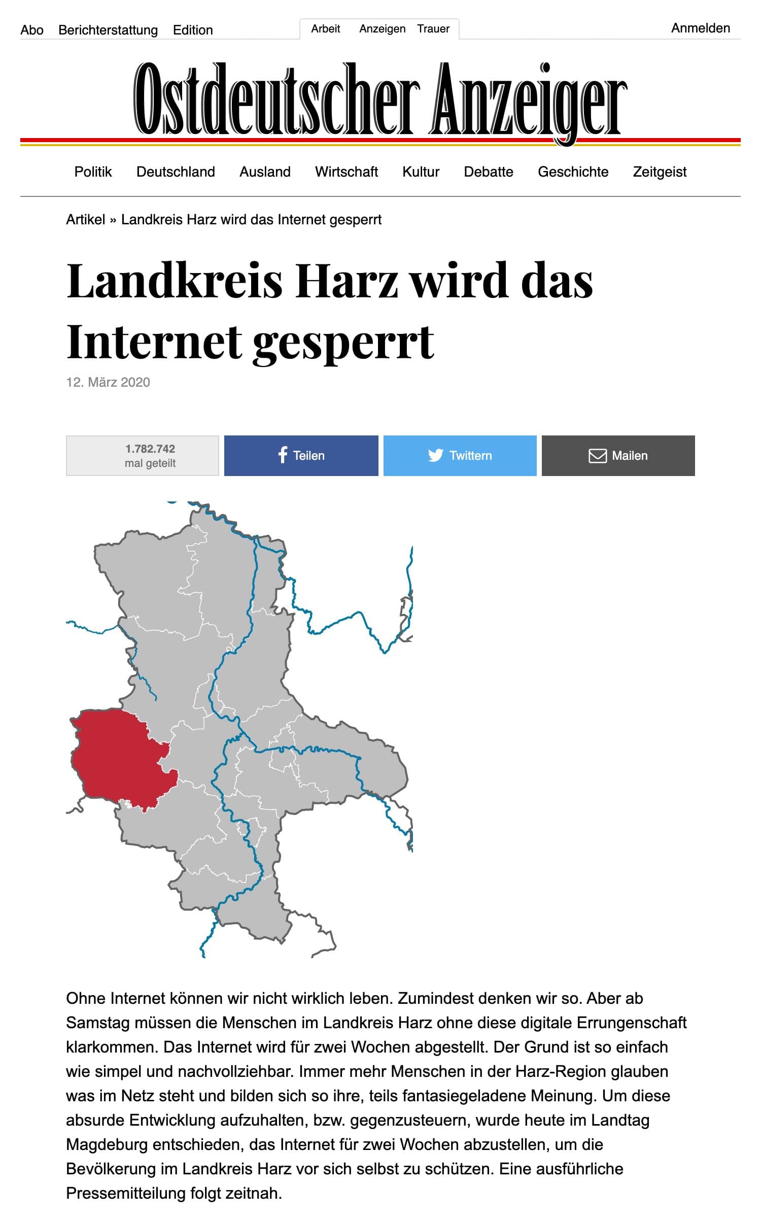 Artikelseite des Ostdeutschen Anzeigers — Alt