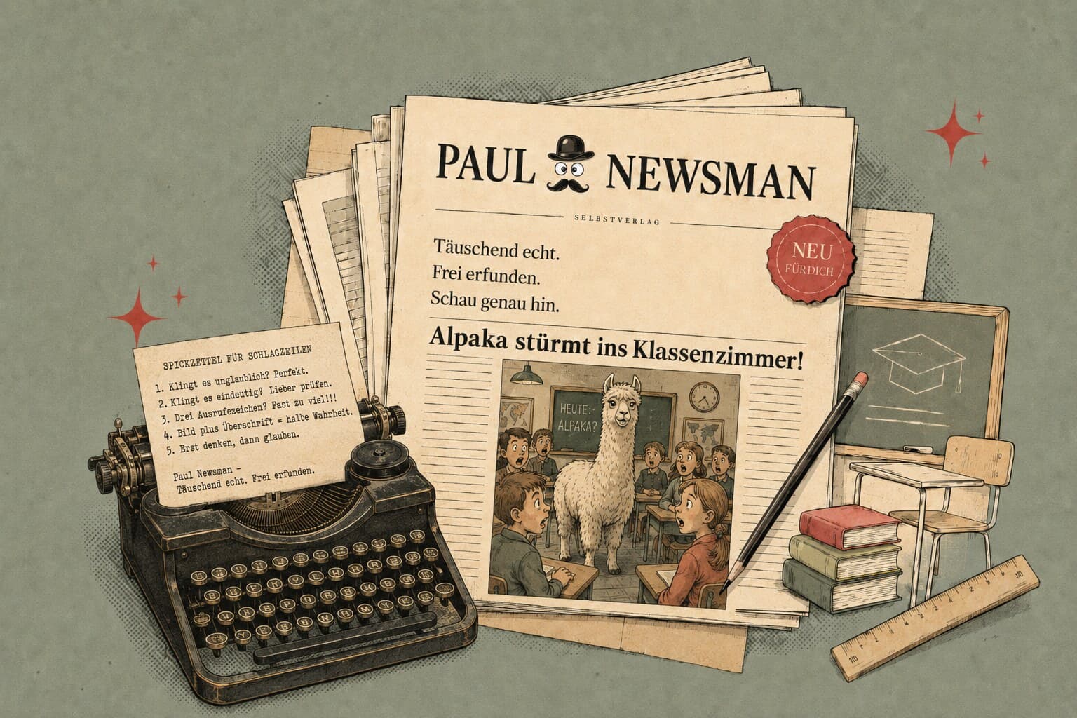 Illustrierte Paul-Newsman-Zeitung mit Schulbank, Tafel und „Neu für dich“-Stempel zum Relaunch