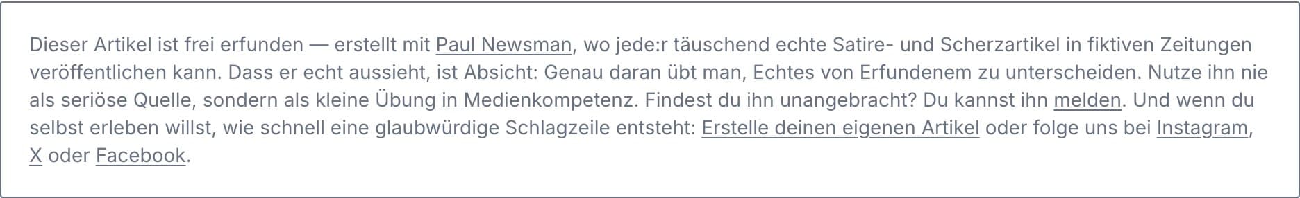 Die Aufklärungsbox unter jedem Artikel: Dieser Artikel ist frei erfunden — mit Melde-Link