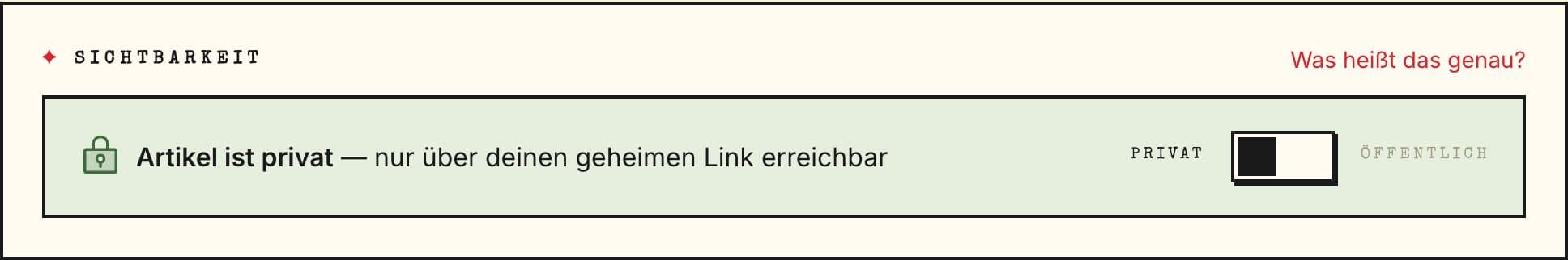 Die Sichtbarkeits-Einstellung im Editor: Artikel ist privat — nur über den geheimen Link erreichbar